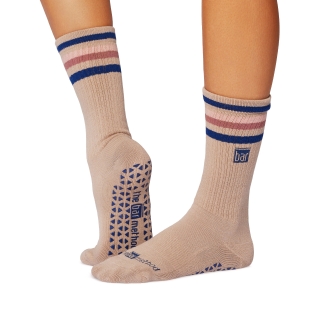 Bar Method X Tavi Crew Grip Sock Taupe Stripes